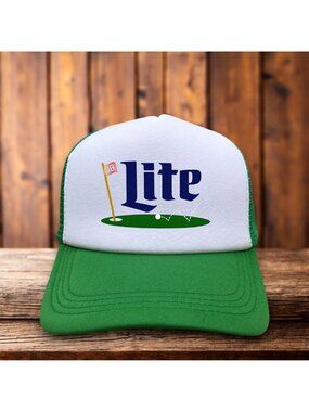 Miller Lite Hole In One Mens Trucker Hat Green Snapback Golfing Beer Snapback